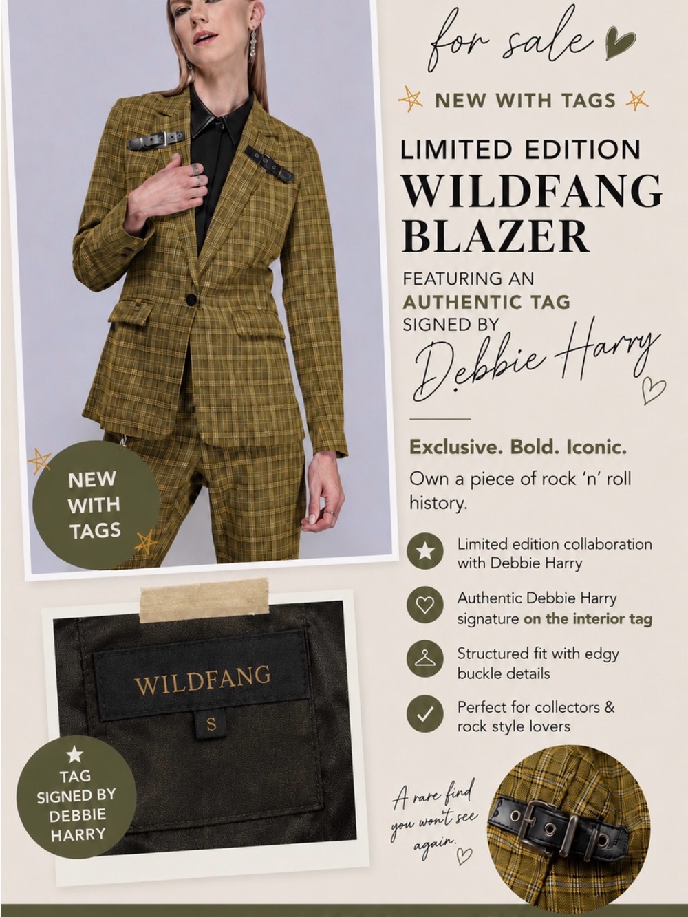 Wildfang Olive Plaid Blazer with Buckle Details